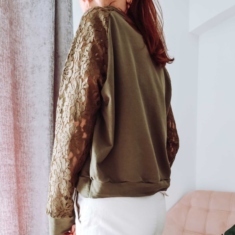 Thumbnail of Khaki Green Lace Sleeve Jumper image