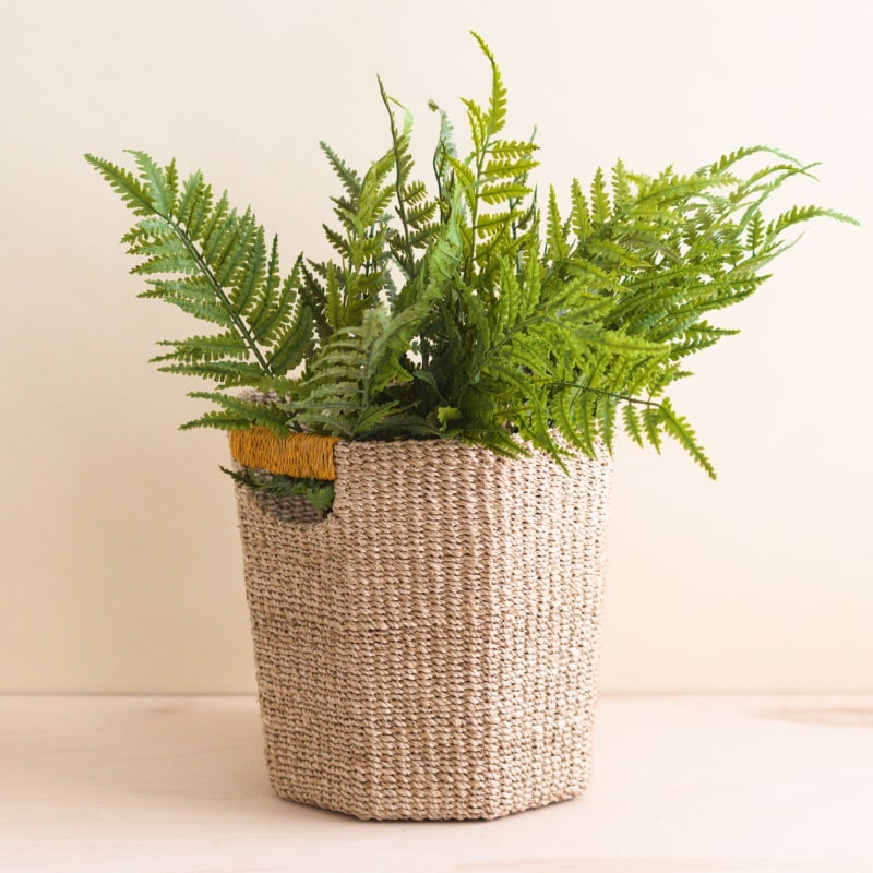 Thumbnail of Natural Octagon Basket With Mustard Handle - Handwoven Bin image