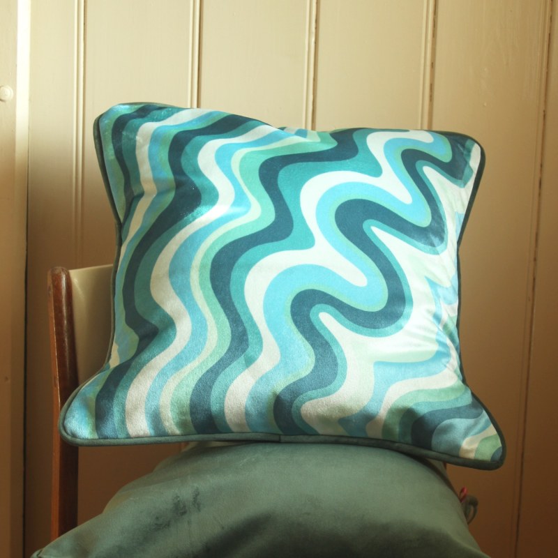 Thumbnail of Colourful Velvet Piped Cushion - Aqua Wavy image