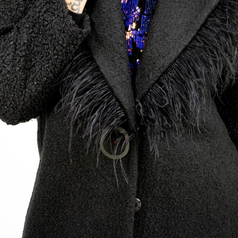 Thumbnail of Black Felt Coat With Notched Lapel Collar With Faux Feathers image