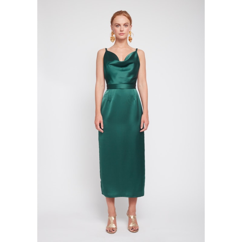 Dark green satin midi cocktail dress KAMEA