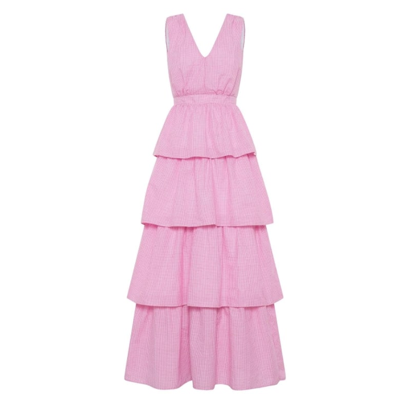 Kate Kissing Multi Four Tier Maxi Dress In Pink Gingham Print by Deer You