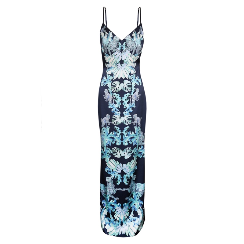 Thumbnail of Silk Slip Dress - Navy & Aqua Jungle Print image