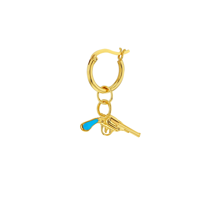 Thumbnail of Turquoise Enamel & 18Kt Gold Plated Retro Pistol Charm On Gold Hoop image