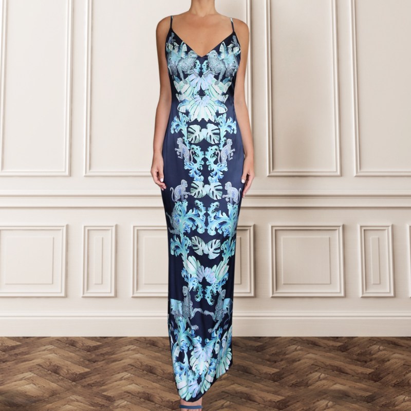 Thumbnail of Silk Slip Dress - Navy & Aqua Jungle Print image