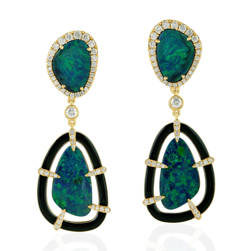 Thumbnail of 18K Yellow Gold Pave Diamond Dangle Earrings Opal Doublet Gemstone Jewelry image