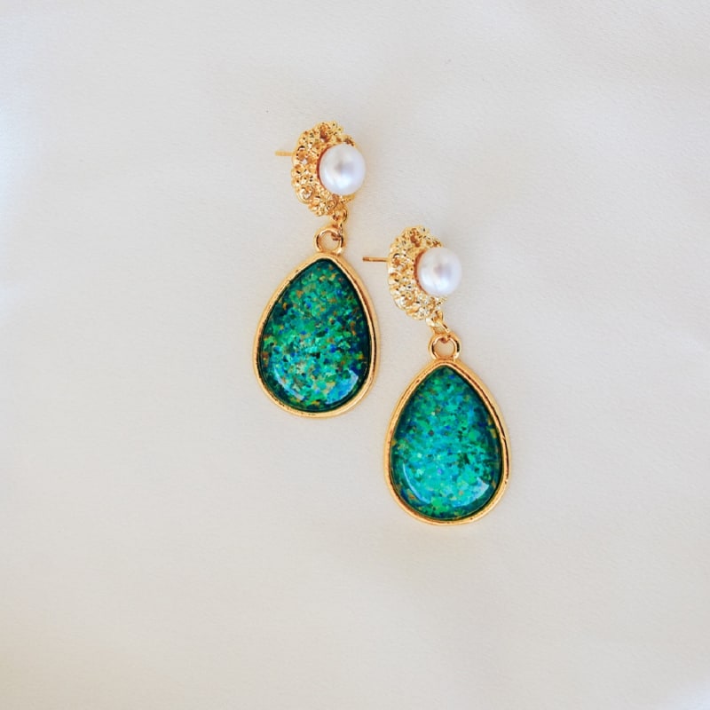 Thumbnail of Eloquence Statement Freshwater Pearl & Teardrop Opal Earrings - Blue, Gold, Green, White image