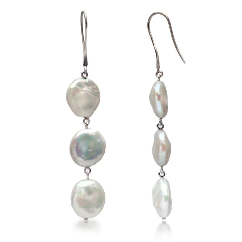 Keshi Pearl Coin Three Layer Dangle Earrings In Sterling Silver The Jewellery Store London Wolf Badger