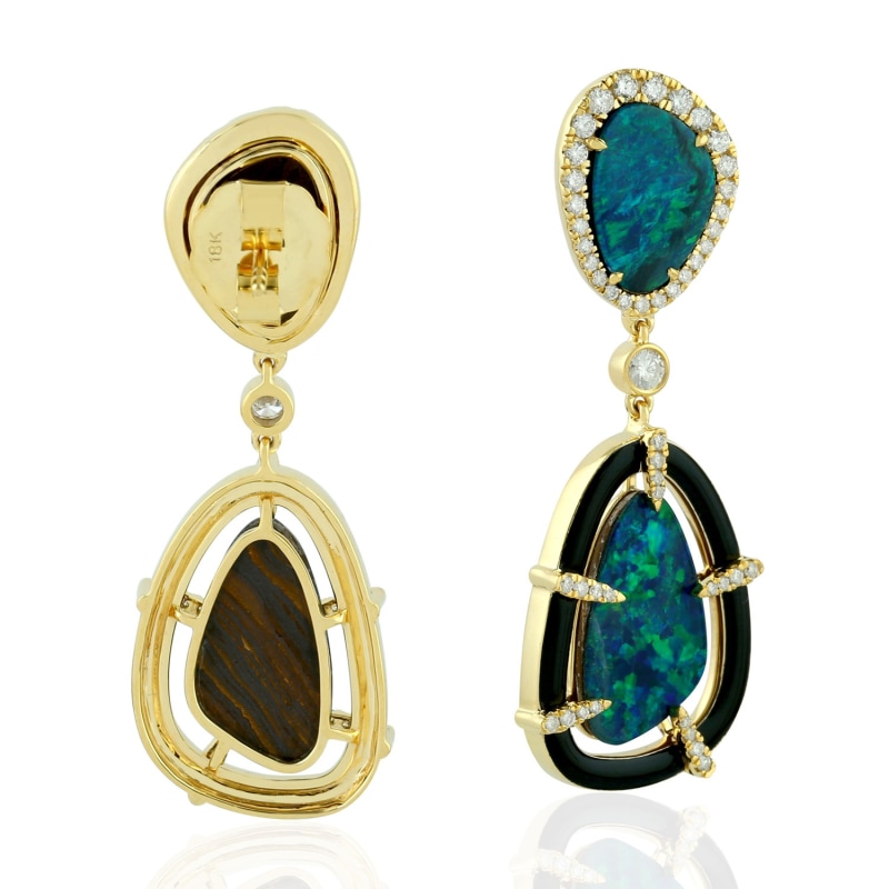 Thumbnail of 18K Yellow Gold Pave Diamond Dangle Earrings Opal Doublet Gemstone Jewelry image