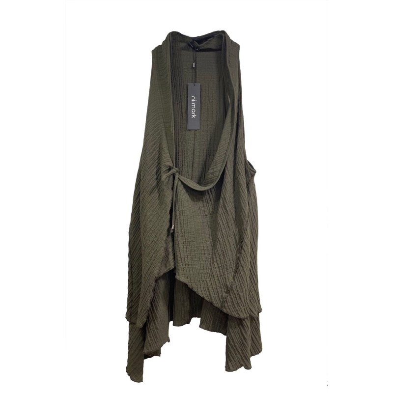 Thumbnail of Khaki Color Long Vests Sleeveless Open Front Cardigan image
