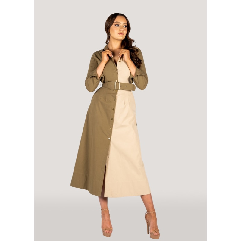 Thumbnail of Khaki Two Tone Long Sleeves Shirt Dress - Kate image