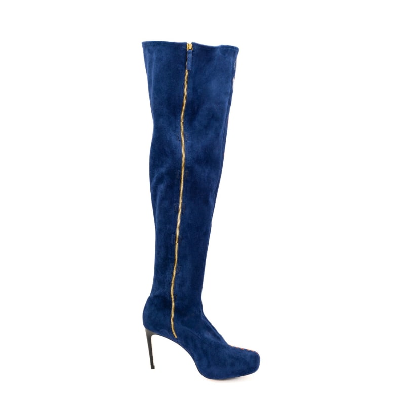 Thumbnail of Suede Thigh High Boot With Four Inch Heel - Blue image