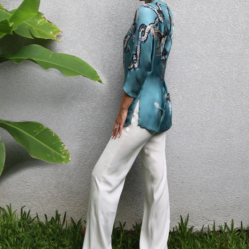 Thumbnail of Kimono blouse - Teal - Hummingbird print image