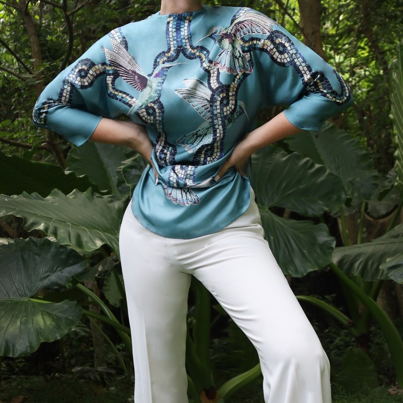 Thumbnail of Kimono blouse - Teal - Hummingbird print image