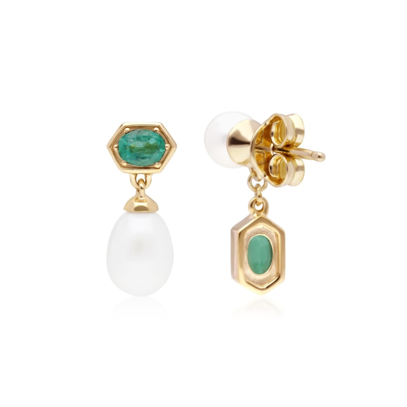 Thumbnail of Modern Pearl & Emerald Mismatched Drop Earrings image