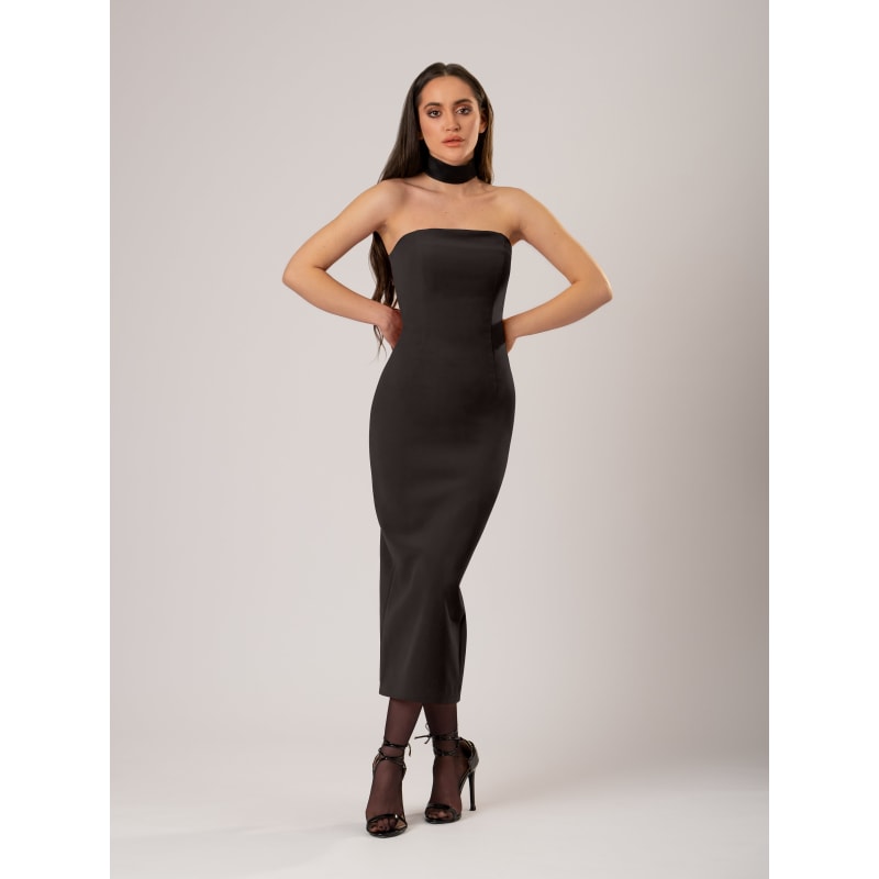 Thumbnail of Kiss Me Fitted Bustier Midi Dress, Black image