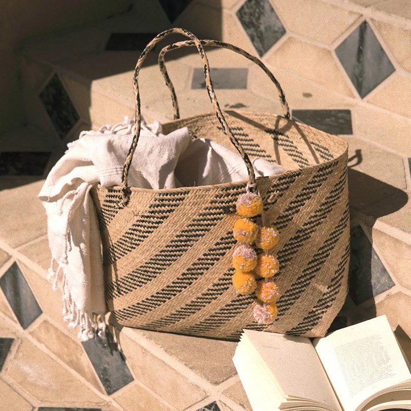 Thumbnail of Borneo Sani Stripes Straw Tote Bag - With Marigold Tiered Pom-Poms image