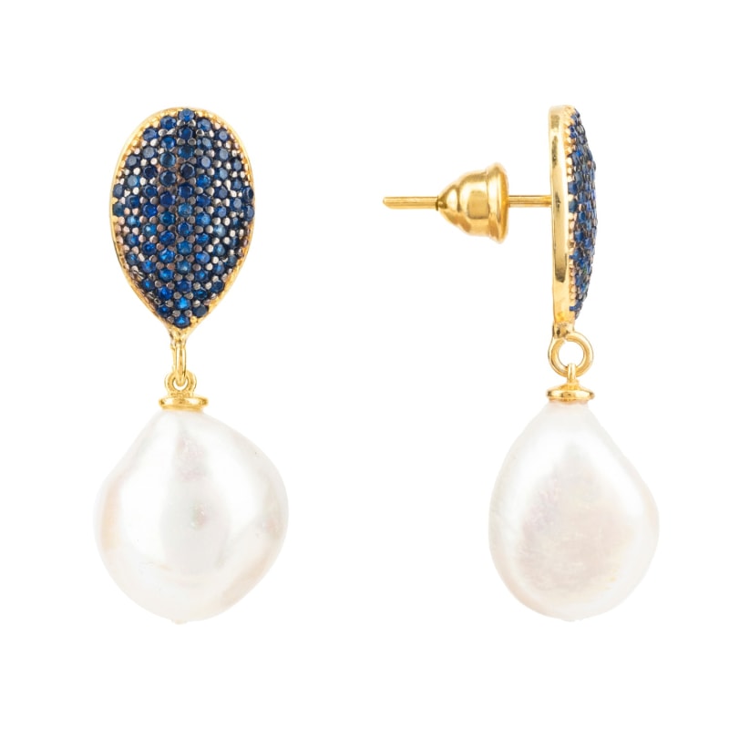 Thumbnail of Baroque Pearl Classic Drop Earrings Gold Sapphire Blue Cz image