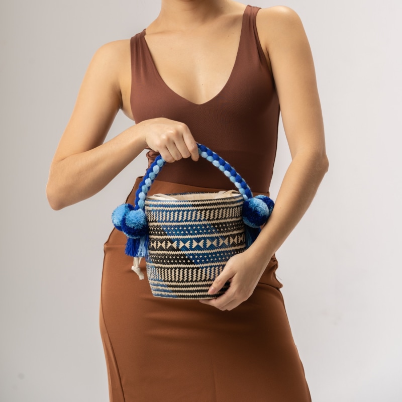 Thumbnail of Small Blue Candy Woven Straw Bucket Bag image