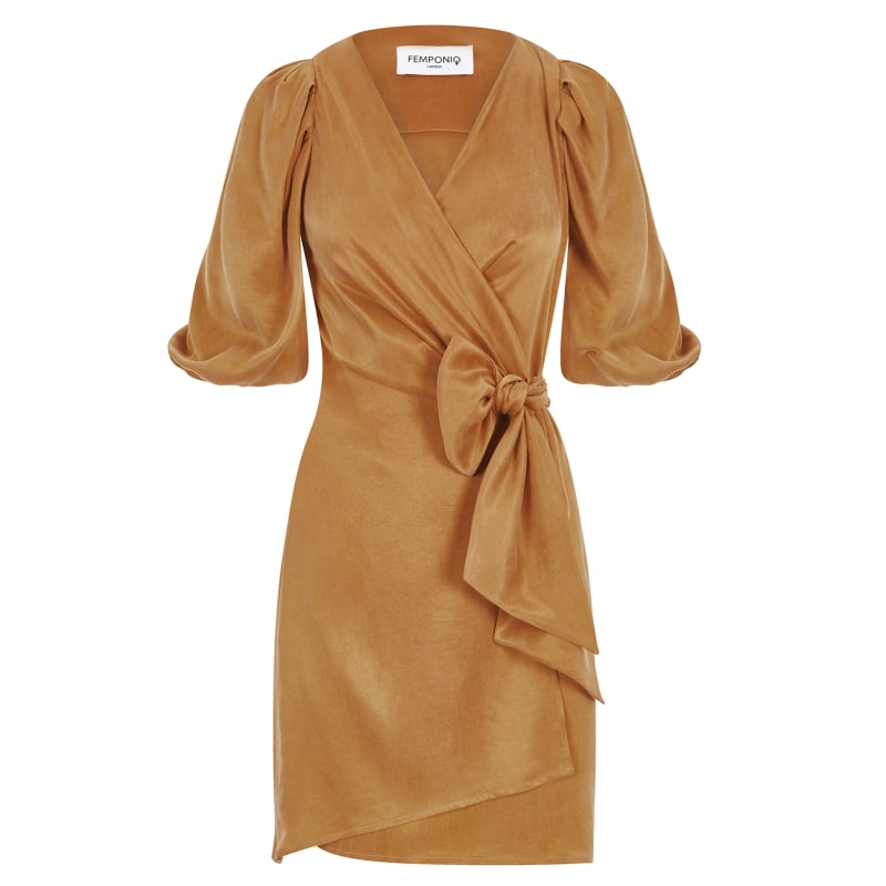 Thumbnail of Draped Vegan-Cupro Wrap Dress - Yellow & Orange image