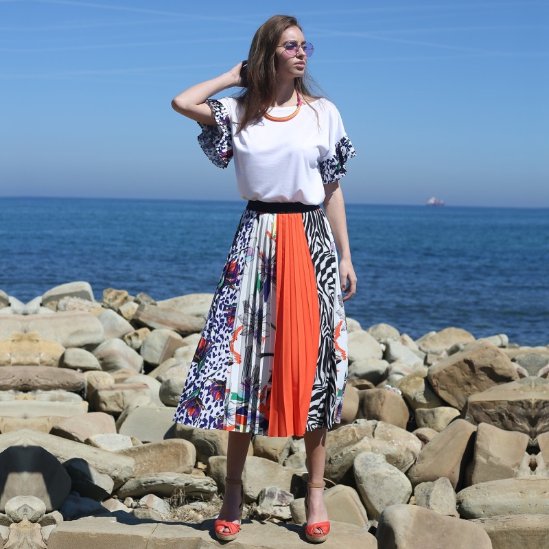 Thumbnail of Multi-Color Flowers & Zebra Print Pleated Skirt image