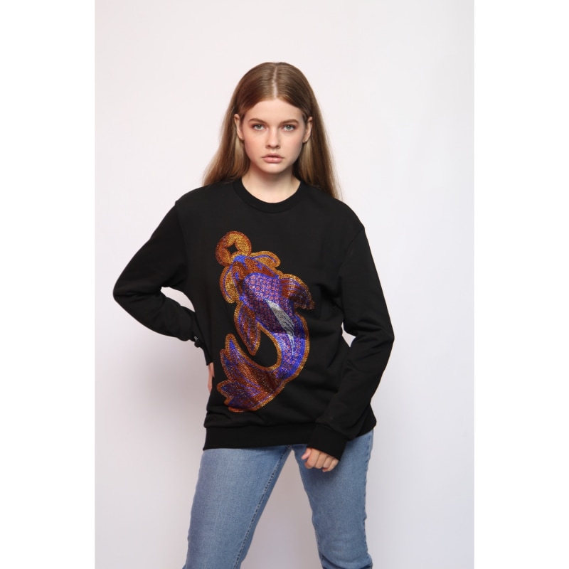 Thumbnail of Koi Fish Lucky Feng Shui Rhinestoned Sweatshirt - Black image