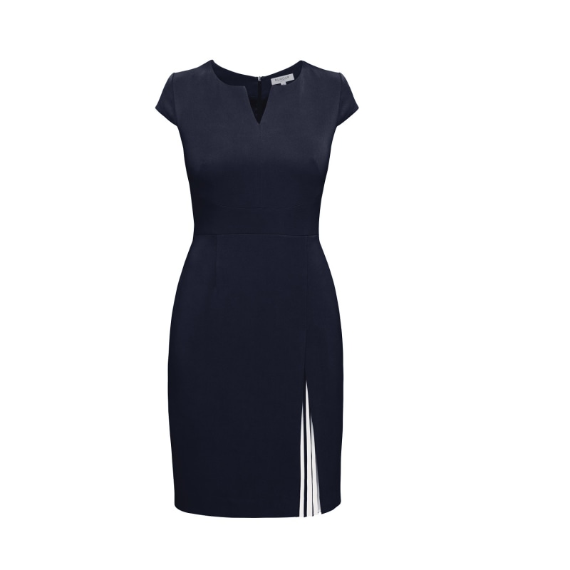 Thumbnail of Mariana Midnight Blue Stretch Crepe Dress With Capped Shoulder & Pleated Deatail image