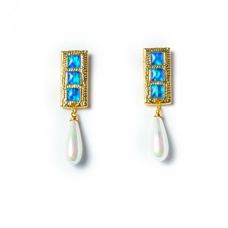 Thumbnail of Sunseeker Gold Opal Statement Earrings With Teardrop Pearls In Blue image