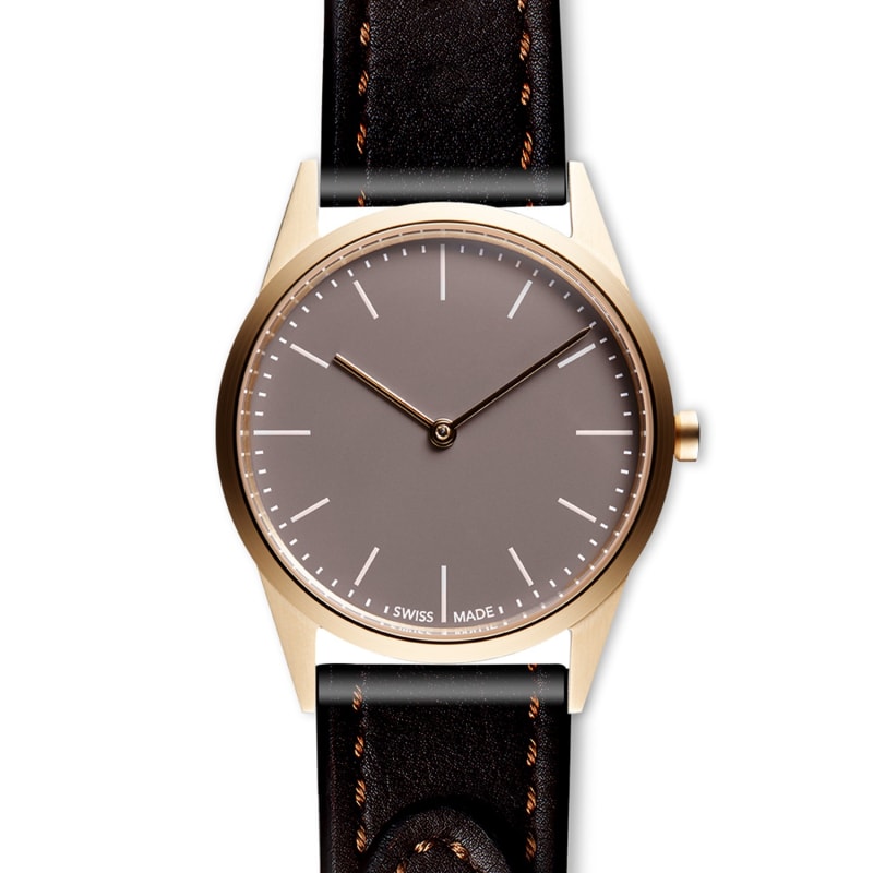 Thumbnail of Women's C33 Two-Hand Watch In PVD Gold With Tapered Brown Nappa Leather Strap image