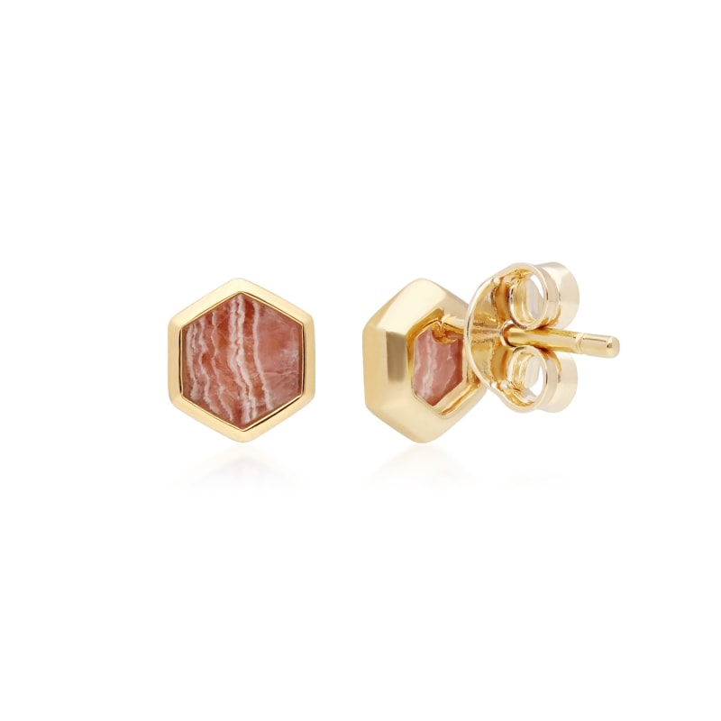 Thumbnail of Rhodochrosite Hexagon Stud Earrings In Gold Plated Silver image