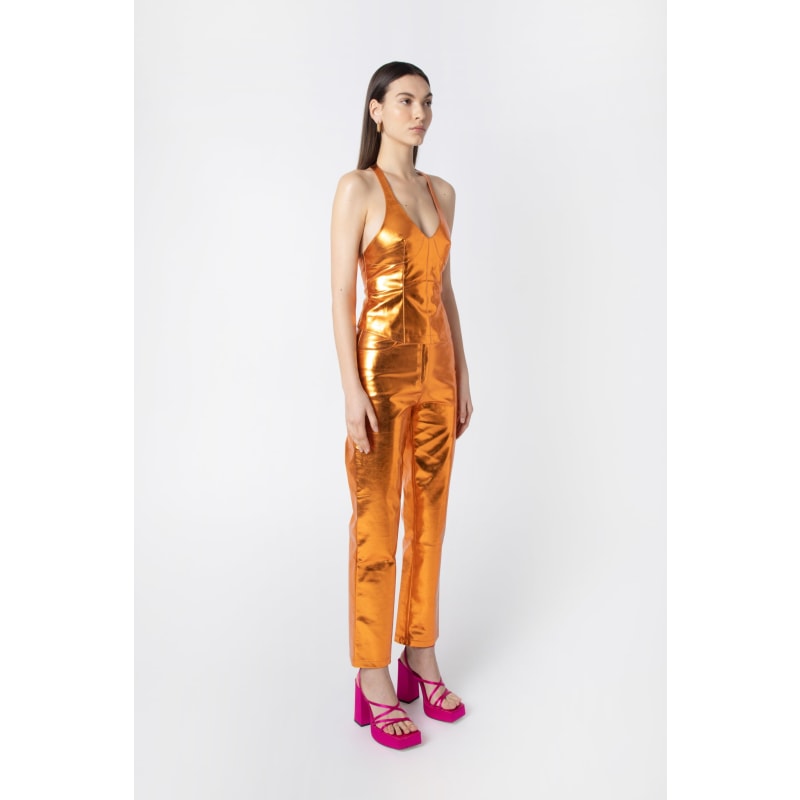 Thumbnail of Lupe Orange Metallic Vegan Leather Trousers image