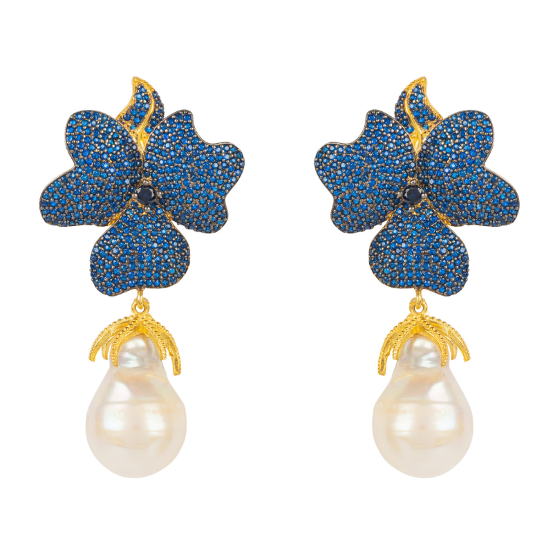 Thumbnail of Baroque Pearl Sapphire Blue Flower Earrings Gold image