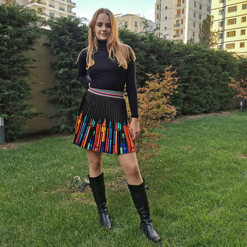 Thumbnail of Black Mini Pleated Skirt With Colorful House Prints image