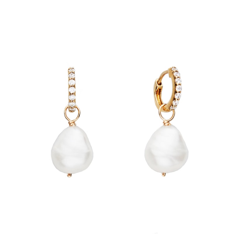 Thumbnail of Small Gold Huggie Pearl Drop Earrings image