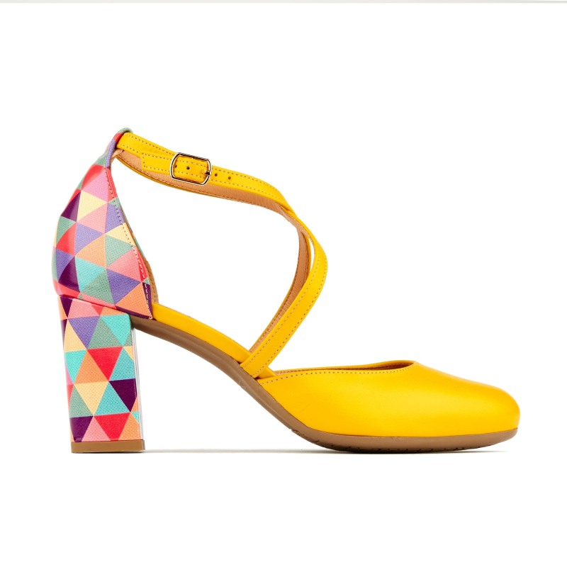 Kylie Yellow Multi Triangle Print Womens Designer Heels Pumps by Embassy London USA