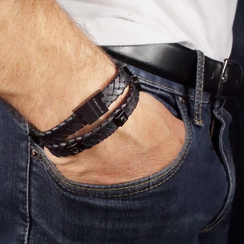 Men's Black Wrap Around Leather Bracelet With Buckle Closure, Nialaya