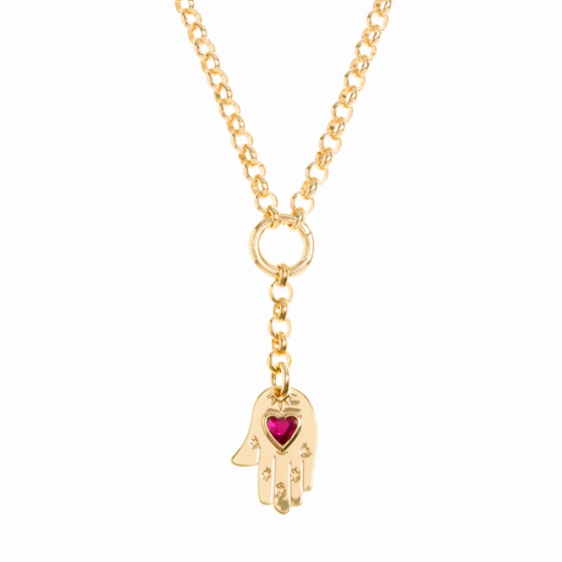 Thumbnail of Pink Hamsa Hand On Gold Belcher Chain Necklace image