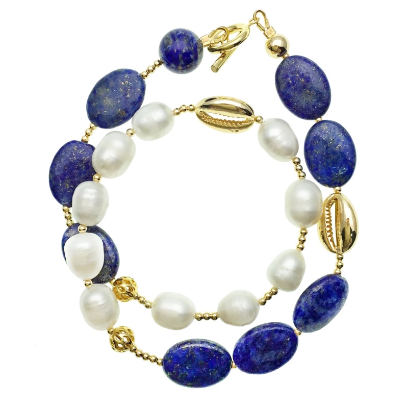 Thumbnail of Natural Lapis With Freshwater Pearls Double Wrapped Bracelet image