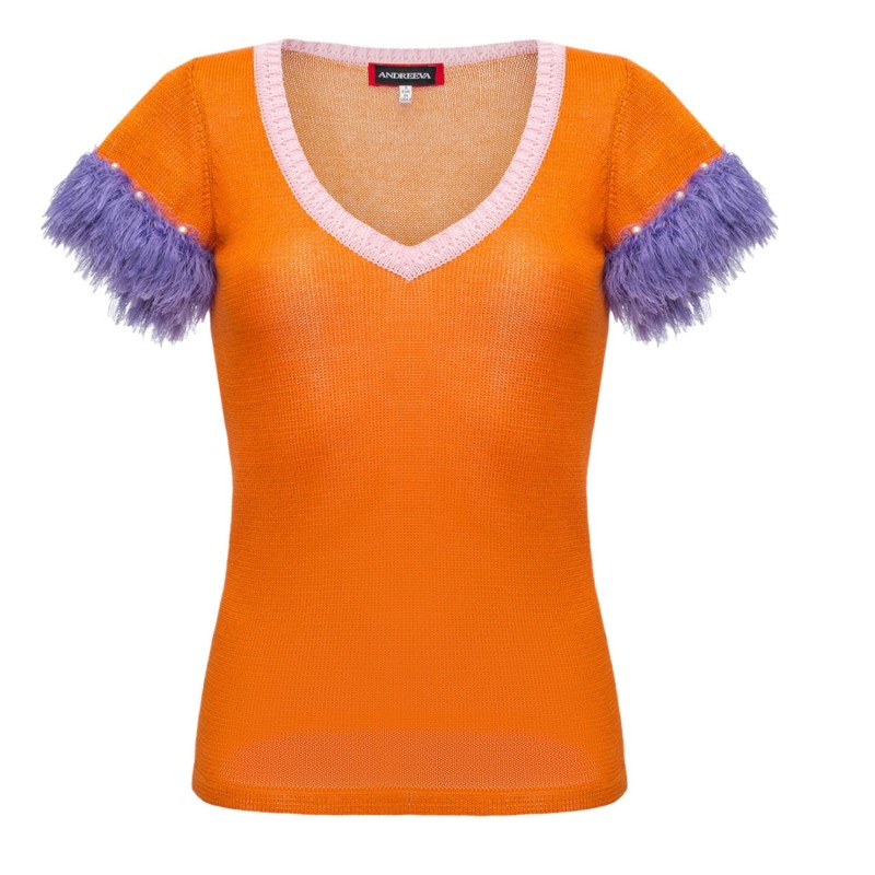 Thumbnail of Orange Top With Handmade Knit Details & Pearl Buttons image