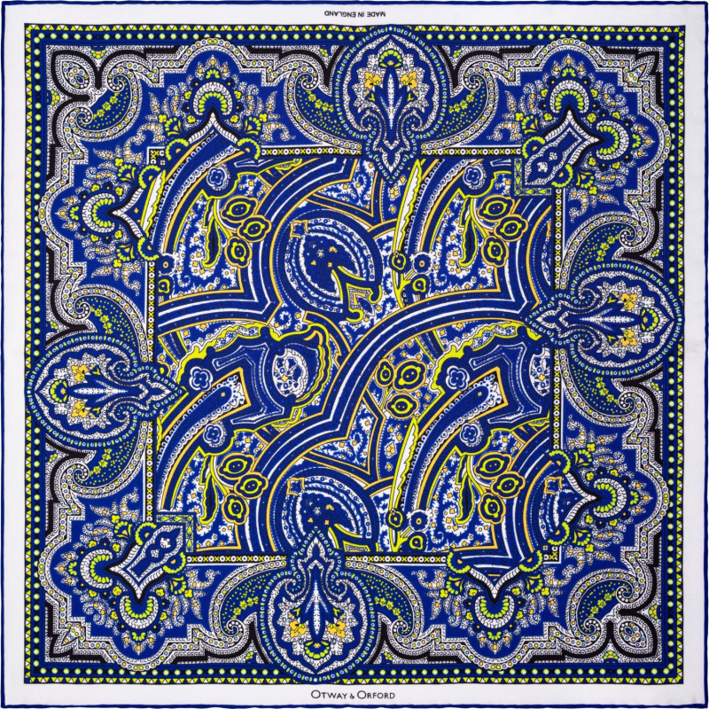 Thumbnail of 'Labyrinth' Paisley Silk Pocket Square In Blue, White, Lime Green & Orange. Full-Size. image