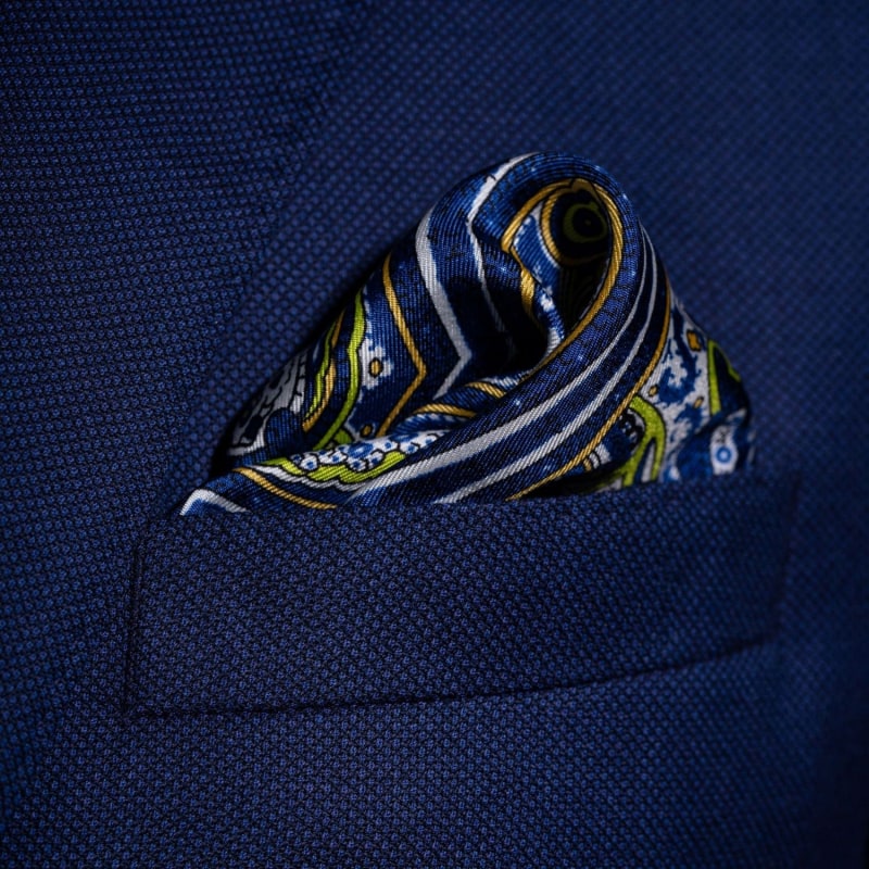 Thumbnail of 'Labyrinth' Paisley Silk Pocket Square In Blue, White, Lime Green & Orange. Full-Size. image