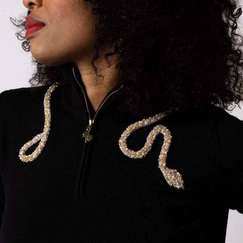Thumbnail of Laines Couture Black Quarter Zip Jumper With Embellished Crystal & Pearl Snake image