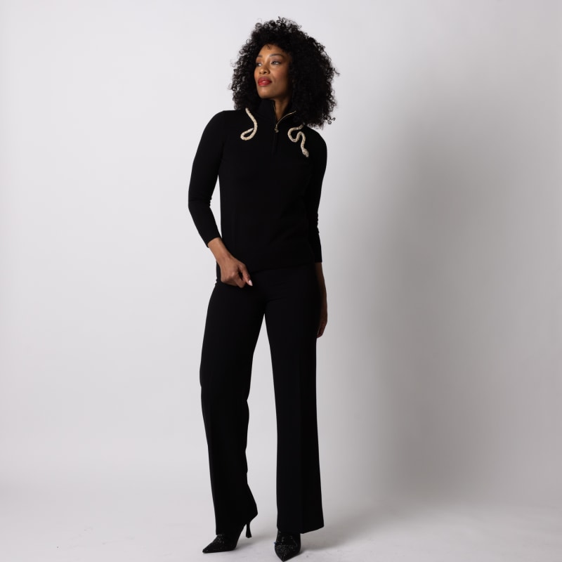 Thumbnail of Laines Couture Black Quarter Zip Jumper With Embellished Crystal & Pearl Snake image