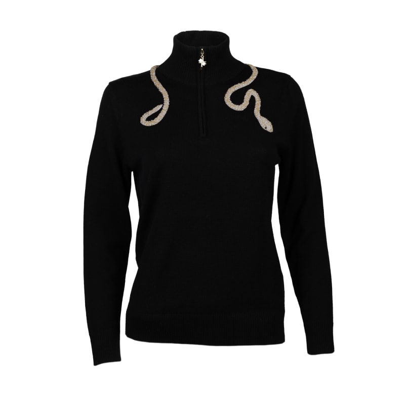 Thumbnail of Laines Couture Black Quarter Zip Jumper With Embellished Crystal & Pearl Snake image