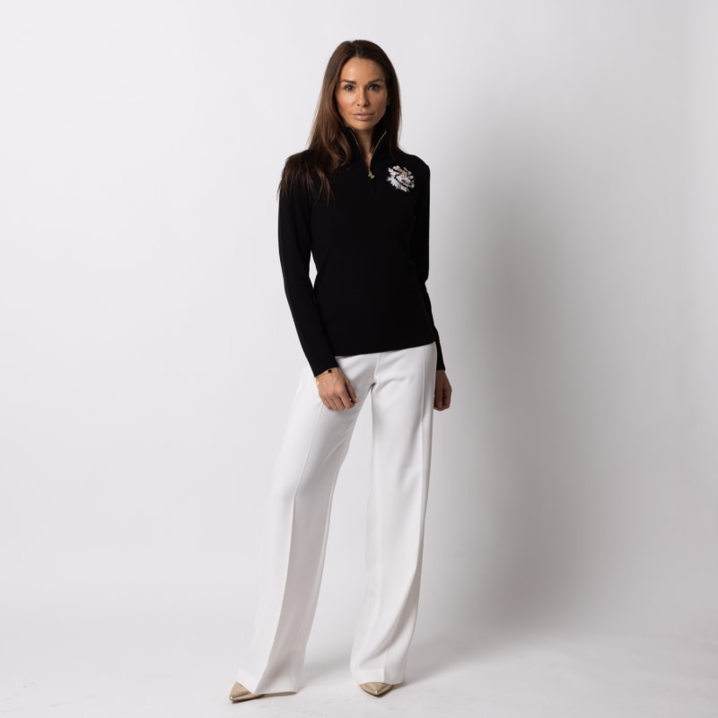 Thumbnail of Laines Couture Quarter Zip Jumper With Embellished Black & White Peony - Black image