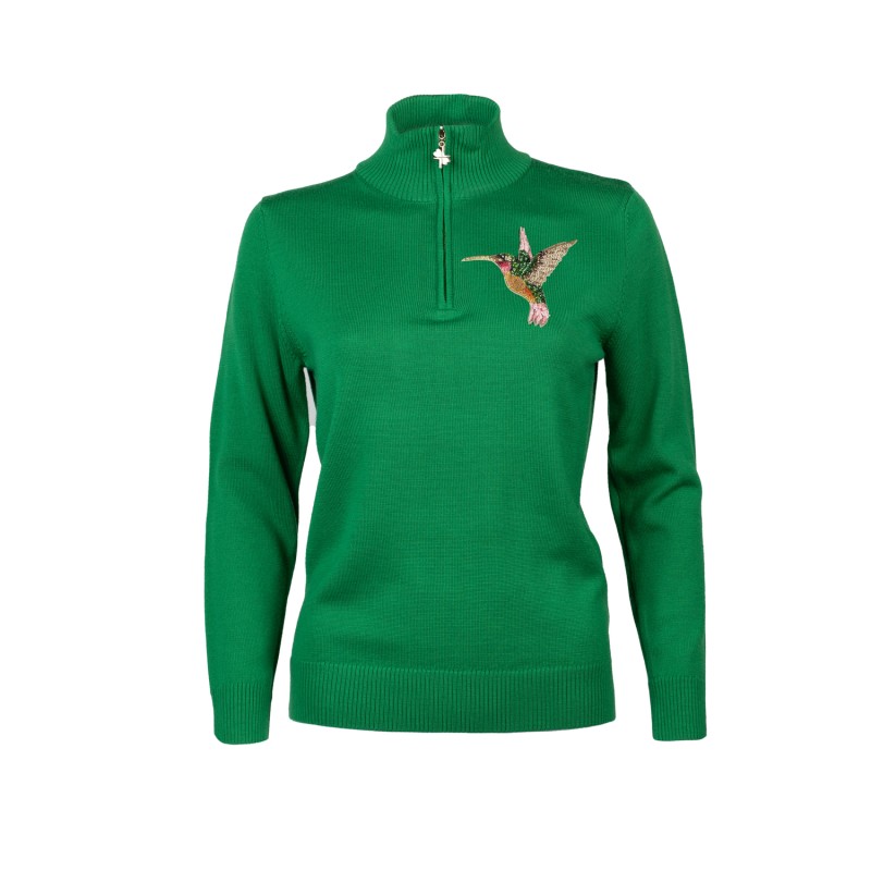 Thumbnail of Laines Couture Quarter Zip Jumper With Embellished Hummingbird - Green image