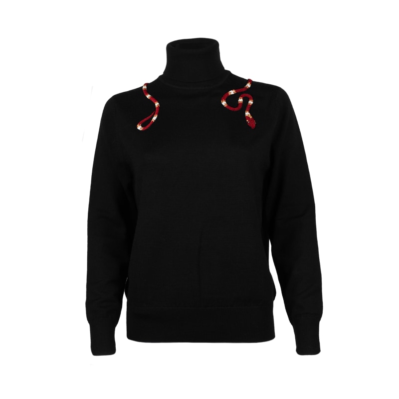 Laines Couture Wrap Red Snake Embellished Knitted Roll Neck Jumper Black by LAINES LONDON
