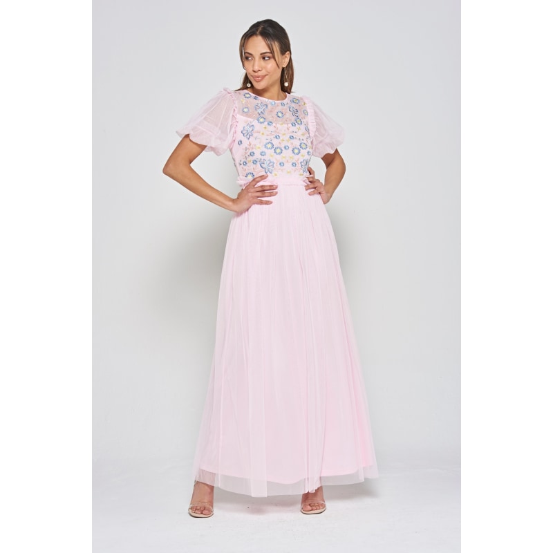 Thumbnail of Laraline Puff Sleeve Maxi Dress With Floral Embroidery - Blush image