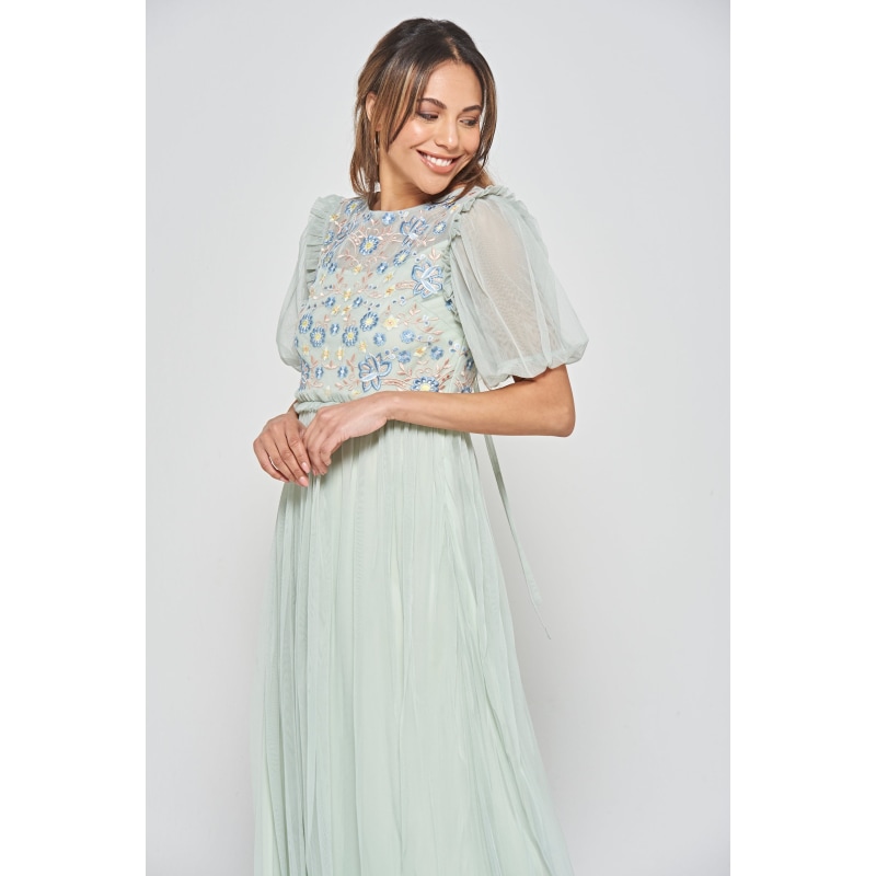 Thumbnail of Laraline Puff Sleeve Maxi Dress With Floral Embroidery - Green image