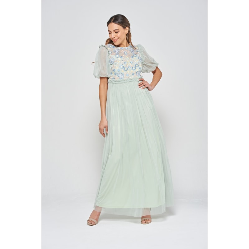 Thumbnail of Laraline Puff Sleeve Maxi Dress With Floral Embroidery - Green image